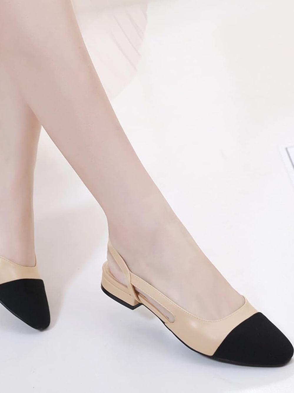 Round Toe Low Heel Slingback Flats - Beige and Black